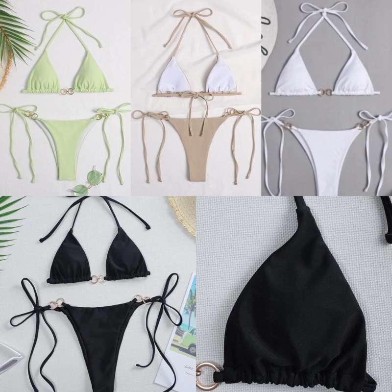 พร้อมส่งจากไทย บิกินี่ ชุดว่ายน้ำ บิกินี่ทูพีชแต่งอะไหล่ห่วงเล็ก กางเกงผูก