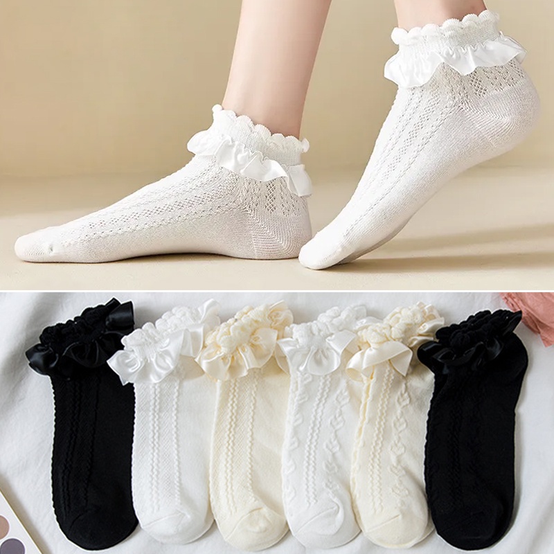 พร้อมส่ง ถุงเท้าสั้นแฟชั่นผู้หญิง การออกแบบลูกไม้ สีล้วน ระบายอากาศได้ดี ผ้าฝ้าย