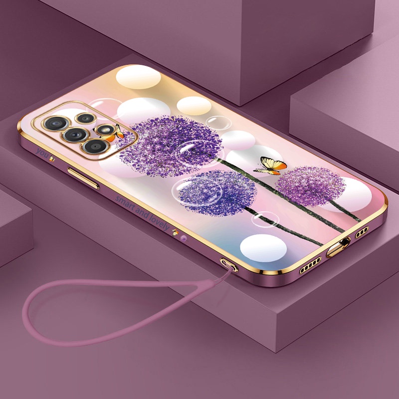 [ฟรีสายคล้อง] Samsung Galaxy S23 FE samsung s23FE S21 S20 FE หรูหรา ดอกแดนดิไลออน เคส ขอบสี่เหลี่ยม ชุบ ด้านหลัง TPU เคสนิ่ม