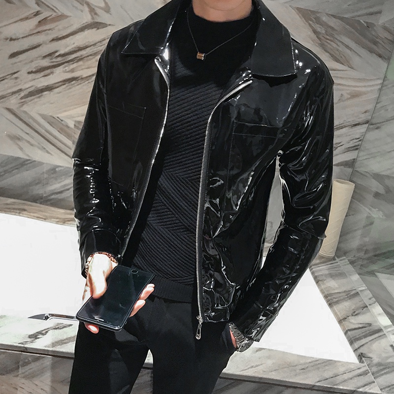 BShinny Leather Jacket for Men Punk Fashion Autumn Winter Red Black Singer Dance Club Party Stage Costume Men Bomber Coa #1