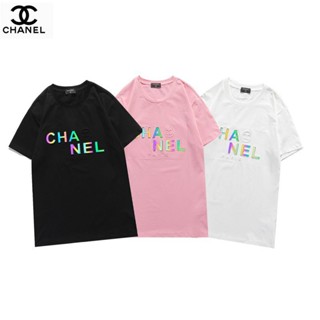 CHA-NEL1ใหม่ชายและหญิงสามารถสวมใส่คู่แขนสั้นสะท้อนแสงจดหมายพิมพ์แฟชั่นรอบคอเสื้อยืด Tee (ฉลาก + แท็ก) XS-3XL