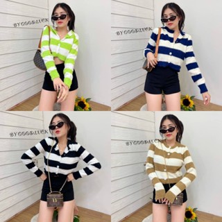 🌈 SpinnyHouse 🌈เสื้อกันหนาว สเวตเตอร์ ครอปแขนยาว ทรงคอกลม กระดุมผ่าหน้า ทอลายสลับสี รุ่น แมวลาย