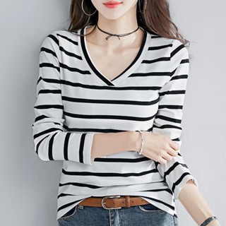 รุ่น-219 เสื้อยืดแฟชั่นผู้หญิง คอวีแขนยาว ผ้าเนื้อดี ลายทาง …