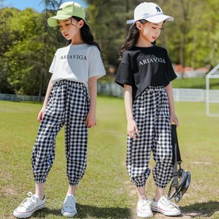 cokids😍ใหม่เวอร์ชั่นเกาหลีของเสื้อผ้าเด็กผู้หญิงกางเกงลายสก๊อตชุดเด็กในเด็กผู้ชายตัวใหญ่สไตล์ต่างประเทศแขนสั้นชุดสองชิ้