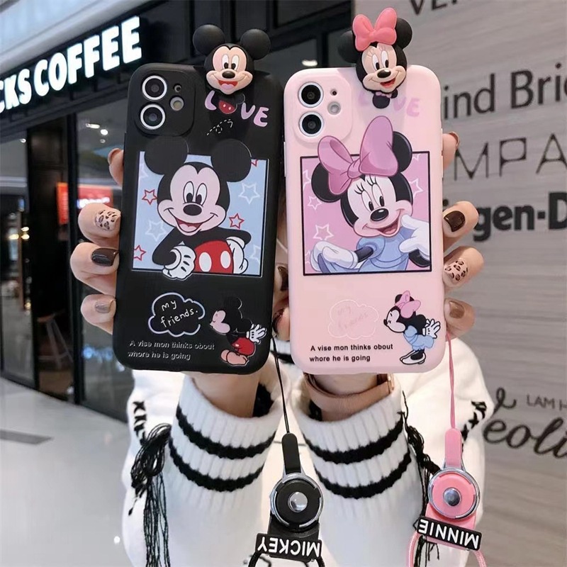 สําหรับ Samsung Galaxy S25 S24 S23 Ultra A55 A35 A25 A15 A24 A05S A04S A13 A33 A53 A73 S22 S21 S20 FE M14 M23 S10 S9 S8 Plus Note 8 9 20 10 Lite เคสโทรศัพท์ซิลิโคน ลายการ์ตูนมิกกี้ มินนี่เมาส์ 3d พร้อมกระจกแต่งหน้า และเชือกคล้อง สําหรับ