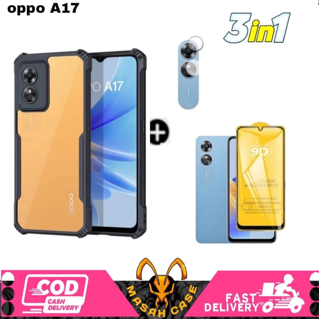 3IN1 เคสกันกระแทก OPPO A17 Bonus กระจกนิรภัยสี + เลนส์กล้อง