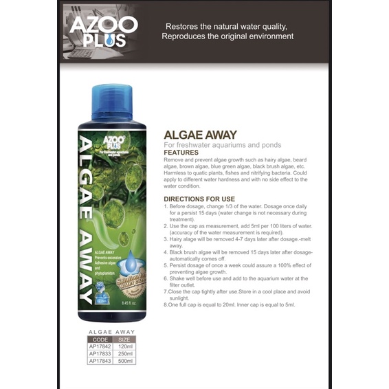 AZOO PLUS Algae Remover 120ml Green Away Aquarium Anti Algae Lumut Akuarium Air Pokok Hijau