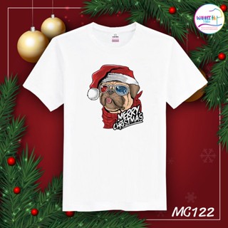 เสื้อยืดคริสต์มาส เสื้อคริสต์มาส Christmas &amp; Happy new year ลูกสุนัขสวมหมวกคริสต์มาสสีแดง เสื้อครอบครัวคริสต์มาส