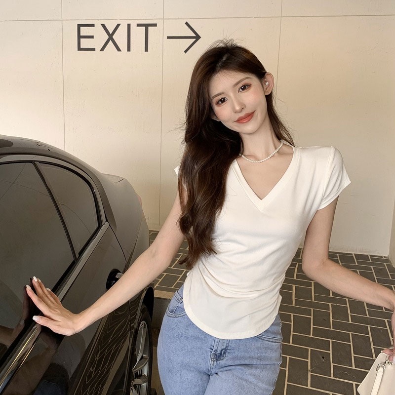 เสื้อยืดแขนสั้น  เสื้อรัดรูปคอวี ป้ายนมโต ผ้าหนา ยืดเด้ง ใส่สบาย ใส่อยู่บ้าน ใส่ออกไปข้างนอกสวยๆ - รูปที่ 2