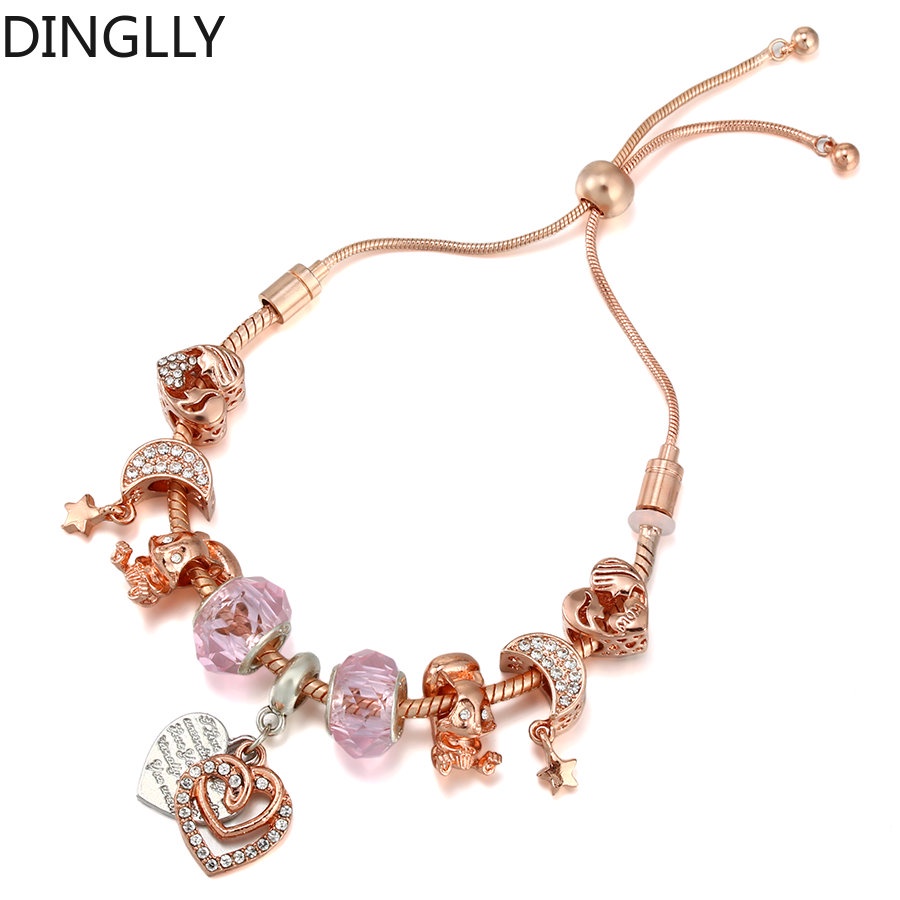 Dinglly สร้อยข้อมือโซ่ ลูกปัดลายกระรอก ดวงจันทร์ หัวใจ สีโรสโกลด์ ปรับได้ สําหรับผู้หญิง
