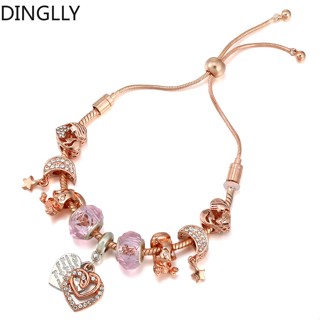 Dinglly สร้อยข้อมือโซ่ ลูกปัดลายกระรอก ดวงจันทร์ หัวใจ สีโรสโกลด์ ปรับได้ สําหรับผู้หญิง