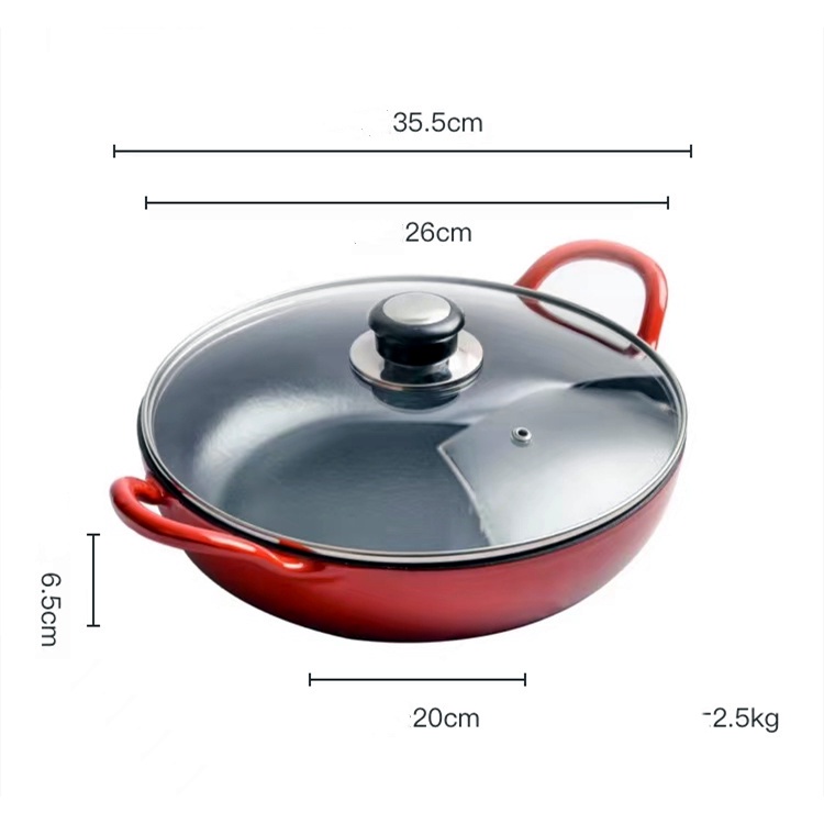 cast iron enamel 20/26 cm caliber red inner black with glass lid seafood pan Double-Eared cast iron non-stick Dutch Oven