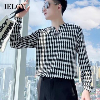 Ielgy เสื้อยืด พิมพ์ลายทาง สไตล์ฮาราจูกุ เข้ารูป สําหรับผู้ชาย