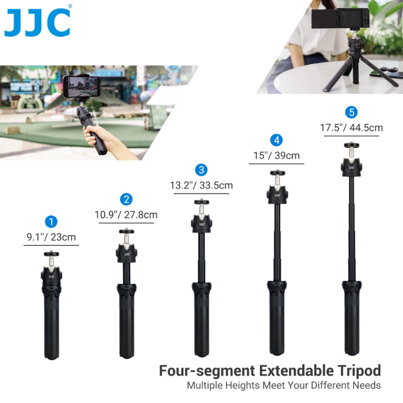 JJC ขาตั้งกล้องขนาดเล็กแบบขยายได้ไม้เซลฟี่บลูทู ธ พร้อมสกรู 1/4"-20 และที่หนีบโทรศัพท์แบบสปริงสำหรับโทรศัพท์มือถือเซลฟี่ / บล็อก / สตรีมมิงแบบสด / การสร้างภาพยนตร์โทรศัพท์มือถือ
