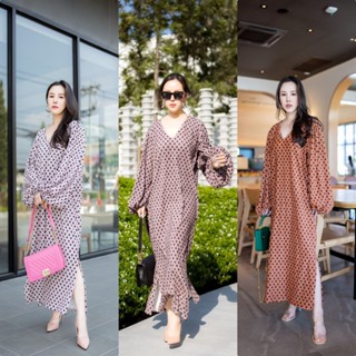 Lynlalin ชุดเดรสผ้าลูกฟูกญี่ปุ่นคัดเกรด / ชุดเดรสคอวี ปลายแขนบอลลูน ทรงสวย✨ รุ่น Polka Dot Dress สีชมพู/ม่วง/ส้ม