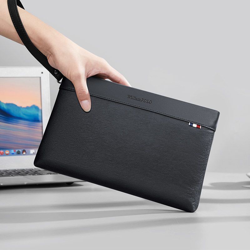William Polo กระเป๋าถือผู้หนังแท้ ความจุใหญ่ หลายช่อง กระเป๋าซองแฟชั่น พร้อมสายคล้องข้อมือ ของแท้ 100% Genuine Leather Men’s Bag Large Capacity Multi-Function Envelope Clutch with Wrist Strap for Men