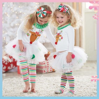 Girls and childrens European and American autumn and winter Christmas elk printed T-shirt Pengpeng striped skirt pants two-piece suit ins