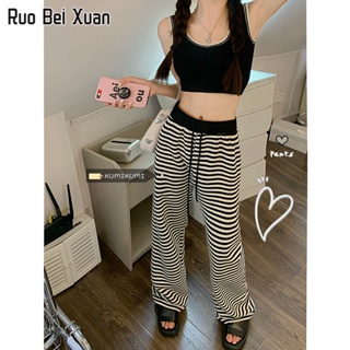 RUO BEI XUAN กางเกงขายาวผู้หญิง กางเกงลำลองลายทางสีดำและสีขาวผู้หญิงเอวสูงสายรัดกางเกงตรงกางเกงหลวมหย่อนคล้อยกางเกงขากว้าง