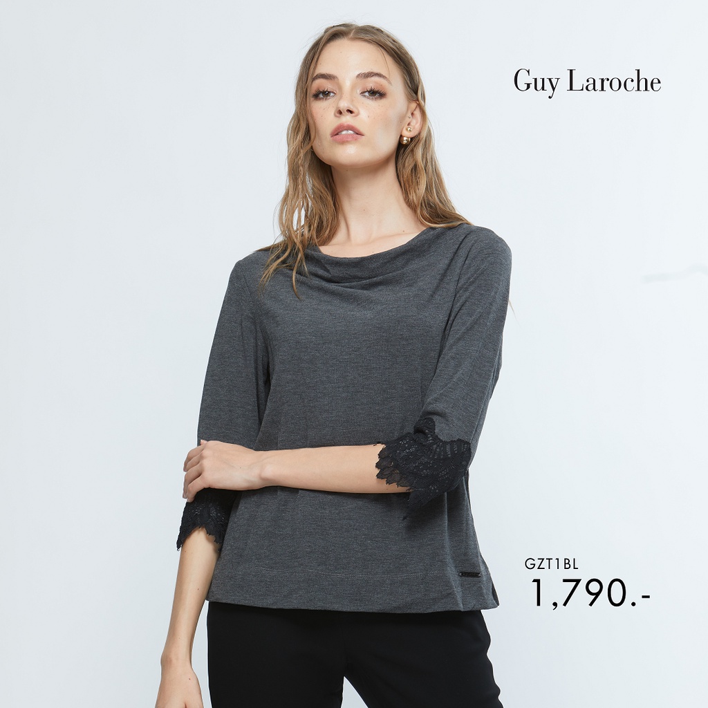 Guy Laroche เสื้อผู้หญิง COZY KNIT : Luxury jersey blouse แต่งลูกไม้ที่แขน (GZT2BL)