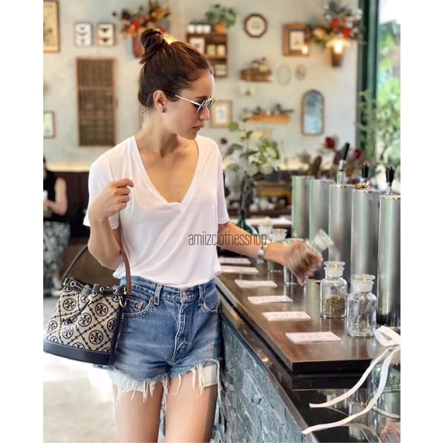 เสื้อยืดคอวีโอเวอร์ไซด์ style zara เสื้อแฟชั่นผู้หญิง(โรงงานไทย)