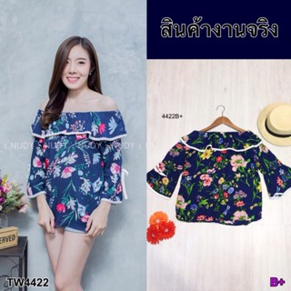 MM4422 เสื้อปาดไหล่ลายดอก floral off-shoulder shirt