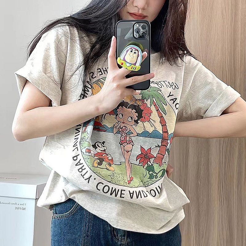 เสื้อยืดลําลองสําหรับสตรี ผ้าฝ้าย 100% แขนสั้น พิมพ์ลาย ขนาดพลัส ทรงหลวม - รูปที่ 2