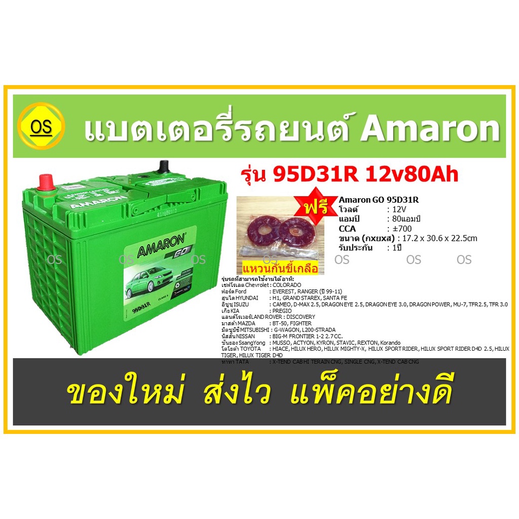 แบตเตอรี่รถยนต์ Amaron GO 95D31R MF 12V80Ah  สินค้าสดใหม่จากโรงงาน พร้อมแหวนกันขี้เกลือ ฟรี