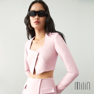 [MILIN] Polda Top Trapezoid neck long sleeve padded shoulder cropped jacket เสื้อแจ็คเก็ตแขนยาวทรงครอปคอเหลี่ยมคางหมู