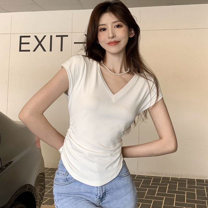 เสื้อยืดแขนสั้น  เสื้อรัดรูปคอวี ป้ายนมโต ผ้าหนา ยืดเด้ง ใส่สบาย ใส่อยู่บ้าน ใส่ออกไปข้างนอกสวยๆ - รูปที่ 6