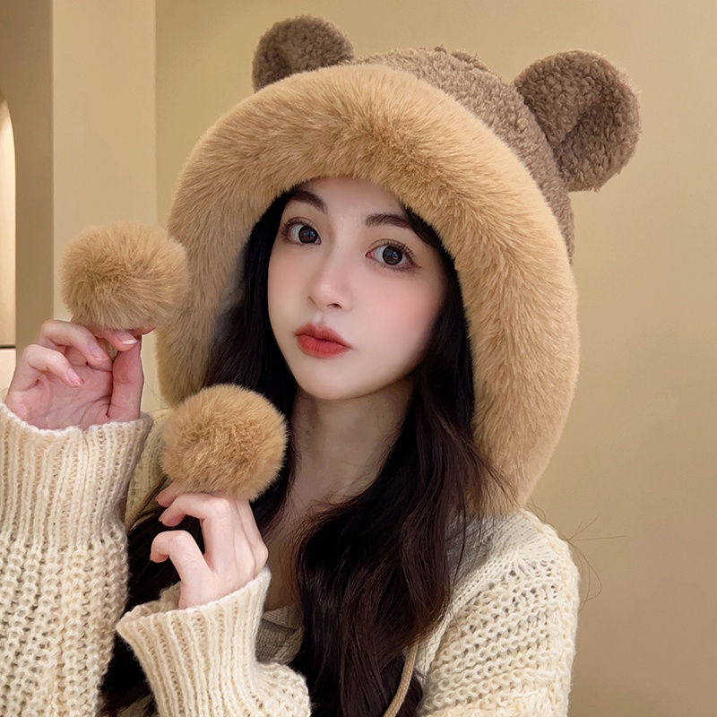 น่ารักหมี Fur Ball Lei Feng หมวกหญิงฤดูหนาว All-Match หนาอุ่นขี่ Cold-Proof Plush Pullover หู