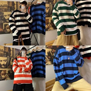 พร้อมส่ง! เสื้อไหมพรม แขนยาวลายริ้ว ผ้าหนา ทรงโอเวอไซส์ สไตล์เกาหลี L70