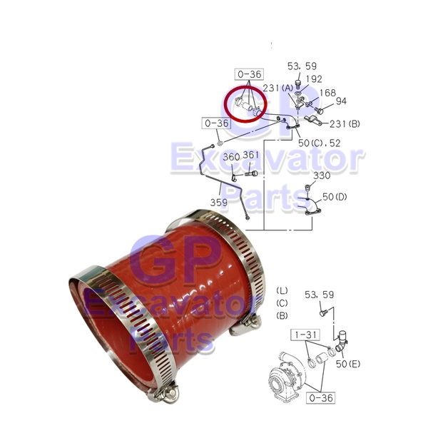 EX200-1 / 6BD1 HYDRAULIC EXCAVATOR ENGINE TURBO INLET AIR HOSE C/W 2 ชิ้น HOSE CLIPS (SILICONE)