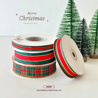 ริบบิ้น Christmas Plaid &amp; Stripes Ribbons 1 ม้วน ตัวเลือก 4 แบบ ริบบิ้นแถบสีและลายสก็อต Xmas