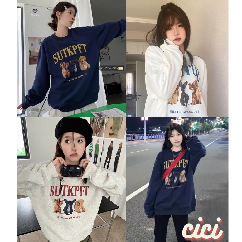 ส่งทันที Cici พร้อมส่ง (82140)Sweater doggy เสื้อสเวตเตอร์แขนยาวลายน้องหมาคิ้วท์ๆ สไตล์เกาหลี