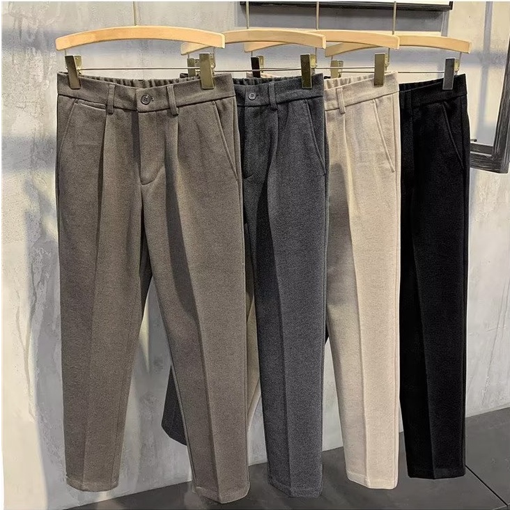 หนากางเกงทําด้วยผ้าขนสัตว์ผู้ชาย 28-38 ขนาดตรง Slim-fit High-End ธุรกิจกางเกงลําลองฤดูใบไม้ผลิฤดูใบไม้ร่วงฤดูหนาวสไตล์กางเกงข้อเท้า-Leng