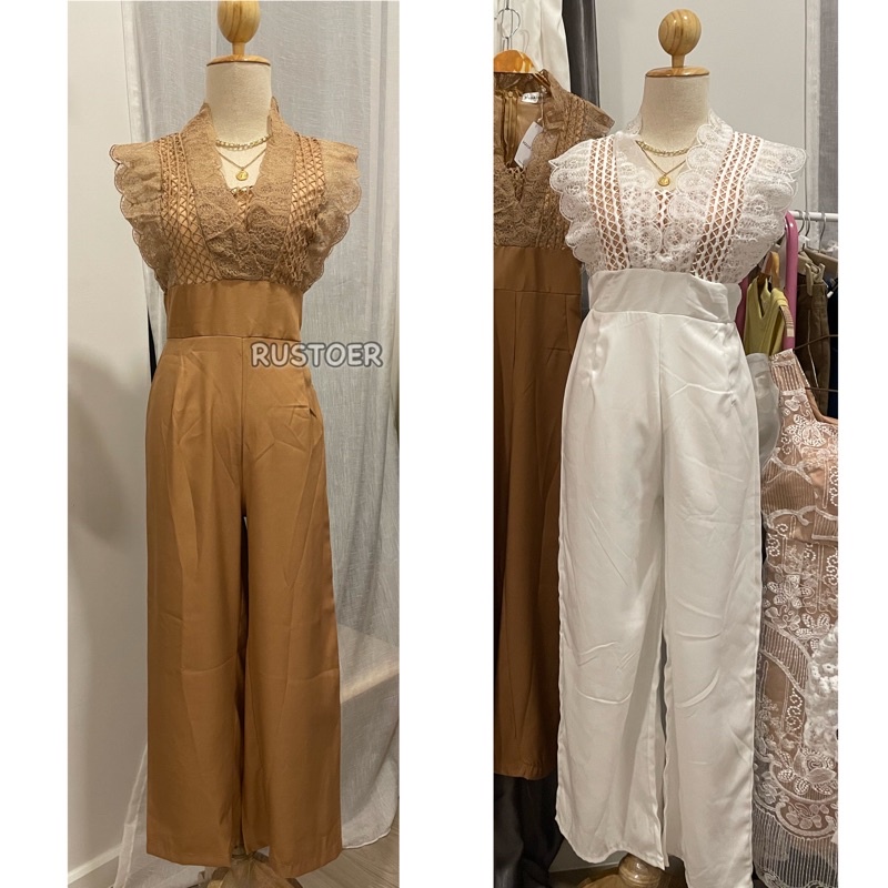 ชุดจั๊มกางเกงขายาว แต่งระบายลูกไม้  กางเกงผ้า SARA เนื้อสวย ป้าย MAHA HENG พร้อมส่ง