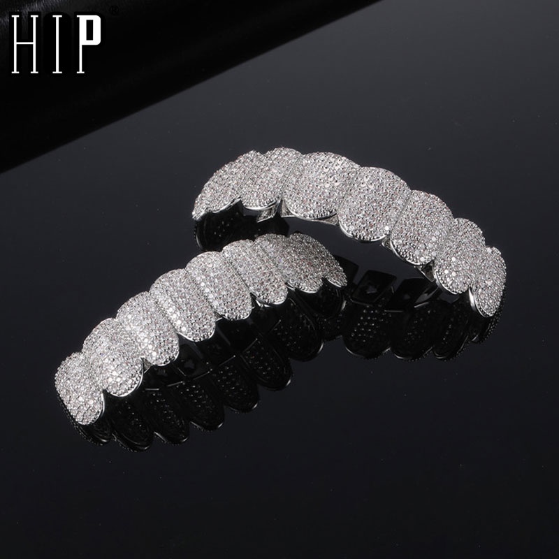 Hip Hop Full CZ Stones Teeth Grillz Caps Cubic Zircon Iced Out Micro Pave Top&Bottom Charm Grills Se