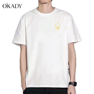 OKADY เสื้อยืดผู้ชายสไตล์เกาหลีหลวมคอกลมแขนสั้นพิมพ์ลายแฟชั่นเสื้อเชิ้ตผ้าฝ้ายบาง