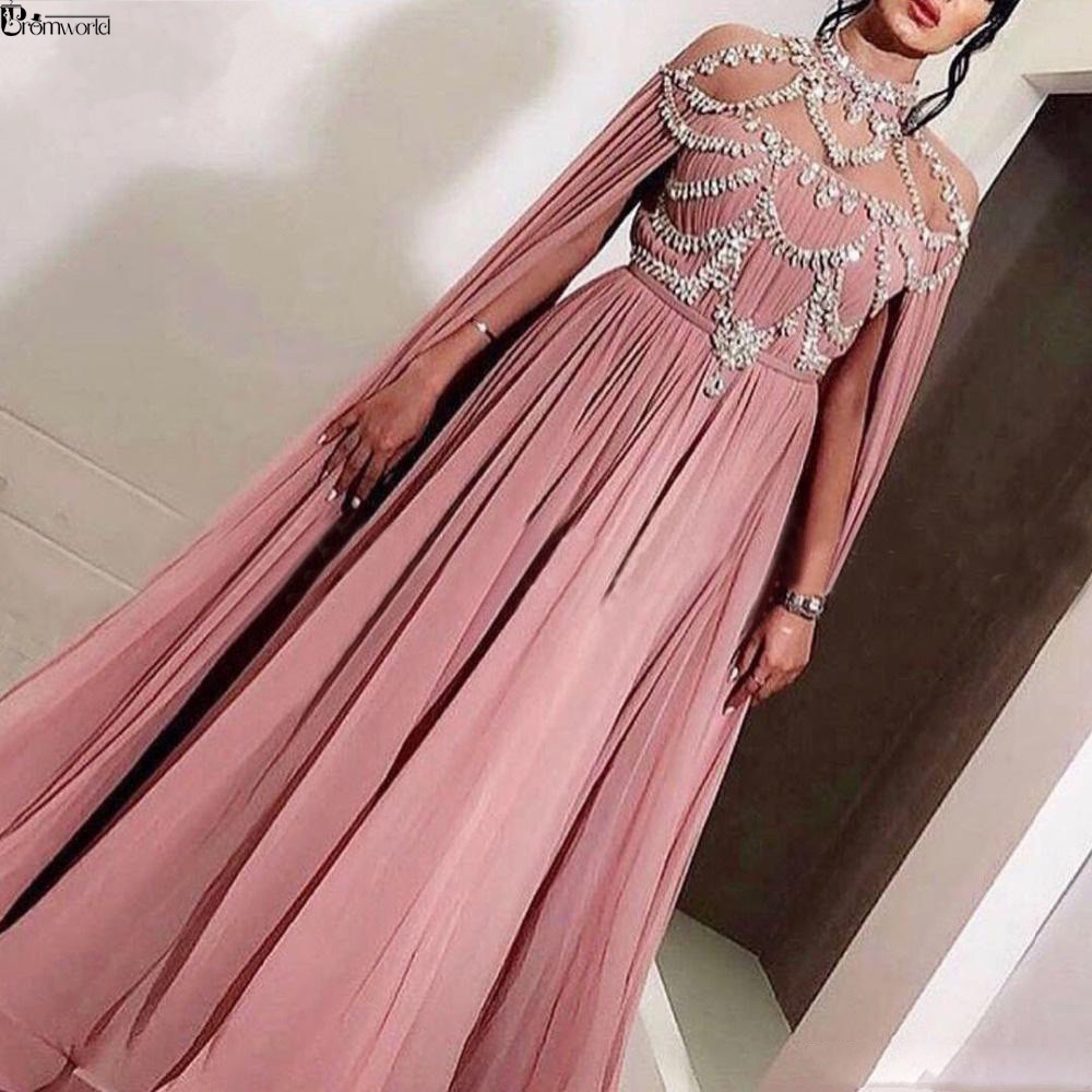 ABlush Pink Muslim Formal Evening Dress 2022 Illusion High Neck Crystal Chiffon Islamic Dubai Kaftan Arabic Long Evening #5