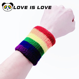 Lgbt สายรัดข้อมือ ผ้าฝ้าย ดูดซับเหงื่อ สีรุ้ง เหมาะกับการวิ่ง เล่นกีฬา บาสเก็ตบอล แบดมินตัน สําหรับผู้ชาย และผู้หญิง เกย์