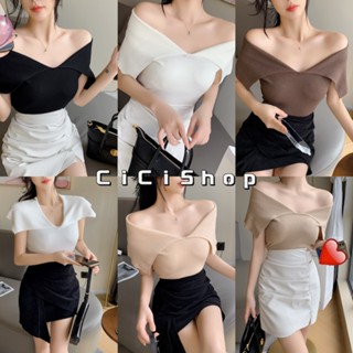 Cicishop(B3131)Knit CropTop เสื้อครอปเปิดไหล่ไหมพรม ดีเทลทอร่อง ทรงสวยแมตช์ง่าย