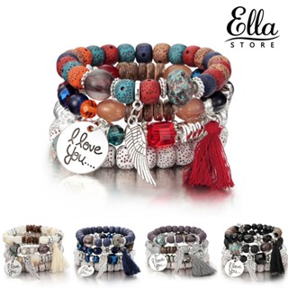 Ellastore123 กําไลข้อมือ ประดับลูกปัด สไตล์โบฮีเมียน สําหรับผู้หญิง 4 ชิ้น ต่อชุด