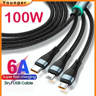 สายชาร์จ USB 100W 3in1 6A ไนล่อนถัก ชาร์จไวมาก สําหรับ i-Phone 14 13 12 Micro USB Type-C Micro USB