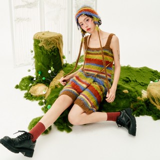 YEDM Rainbow Striped Knitted Long Casual Suspender Dress เดรสกันหนาว เดรสขนนิ่ม ลายทาง สายรุ้ง สีรุ้ง