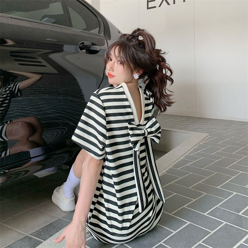 4XL กลับโบว์สไตล์เกาหลีแฟชั่นกลางลายทางชุดสาวอ้วนบวก