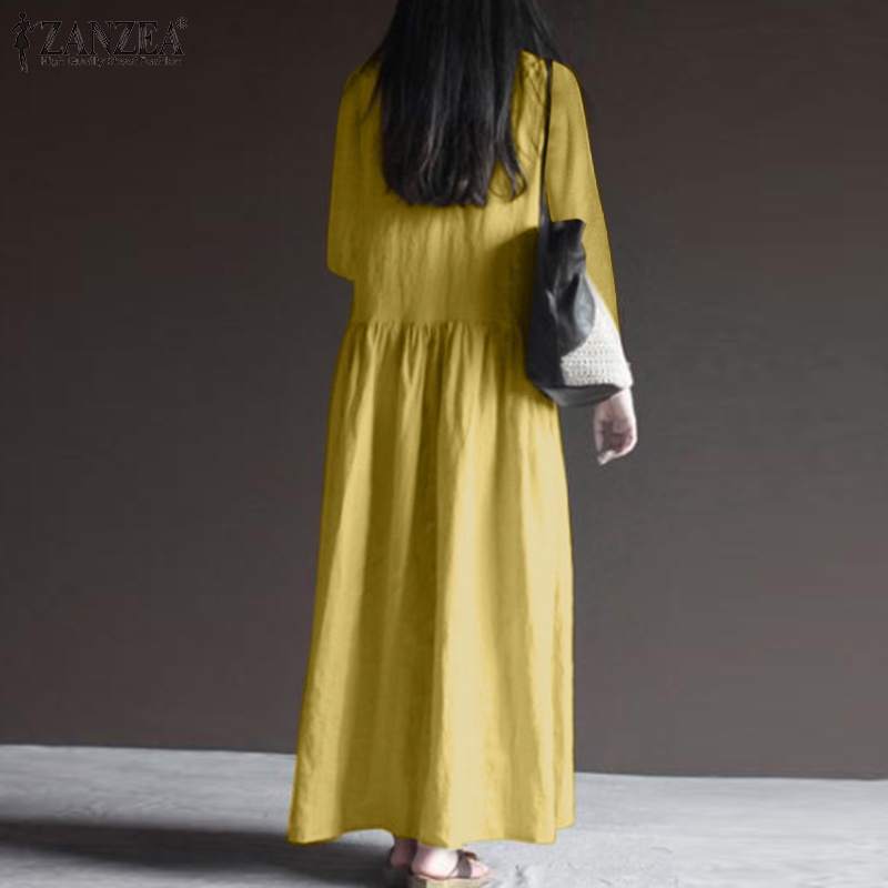Zanzea ชุดเดรสยาว แขนยาว คอวี มีกระเป๋าด้านข้าง สีพื้น แฟชั่นเกาหลี สําหรับผู้หญิง — صورة 6