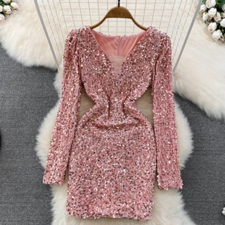 glitter dress ชุดเดรสแขนยาว คอวี ประดับเลื่อม แต่งกลิตเตอร์ แบบเป็นทางการ สีฟ้า สีดํา สีขาว สําหรับผู้หญิง AIXIN