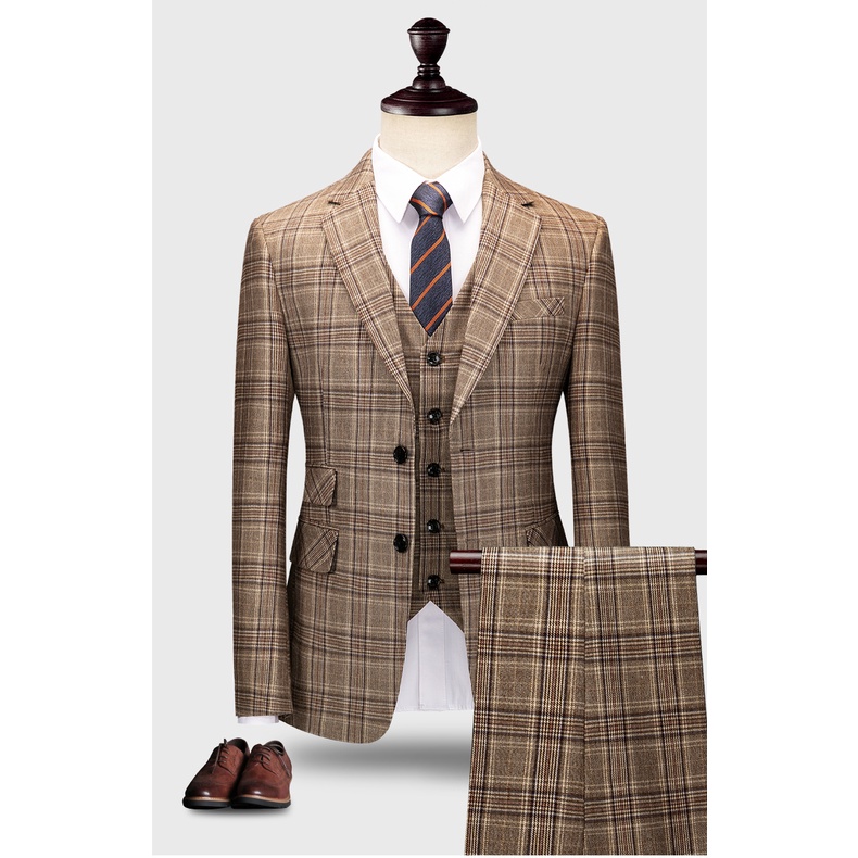 ( Jacket   Vest   Pants) 5XL Brown Retro Plaid Suit Spring and Autumn British Style Mens Suit Groom Wedding Dress Classi #4