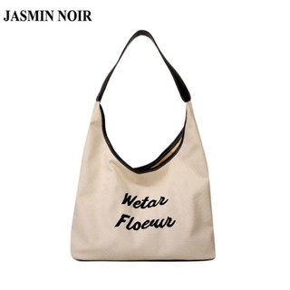 Jasmin NOIR กระเป๋าสะพายไหล่ กระเป๋าถือ ผ้าแคนวาส พิมพ์ลายตัวอักษร พระจันทร์ครึ่งดวง สําหรับสตรี