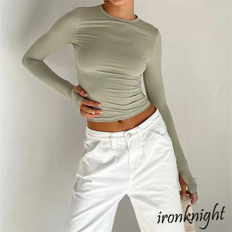 Ironknight- เสื้อยืดคอกลม แขนยาว เข้ารูป สีพื้น สําหรับผู้หญิง